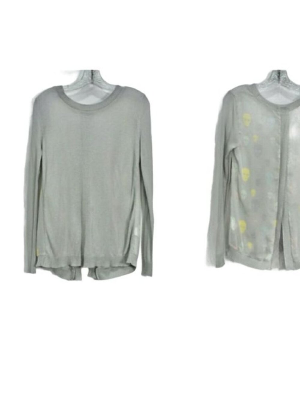Women's T/O Gray Sweater Sheer Skull Split Back L